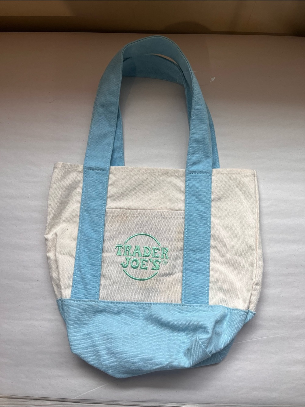 Trader Joe's Viral Canvas Tote Bag in Blue/Green - Picture 3 of 3